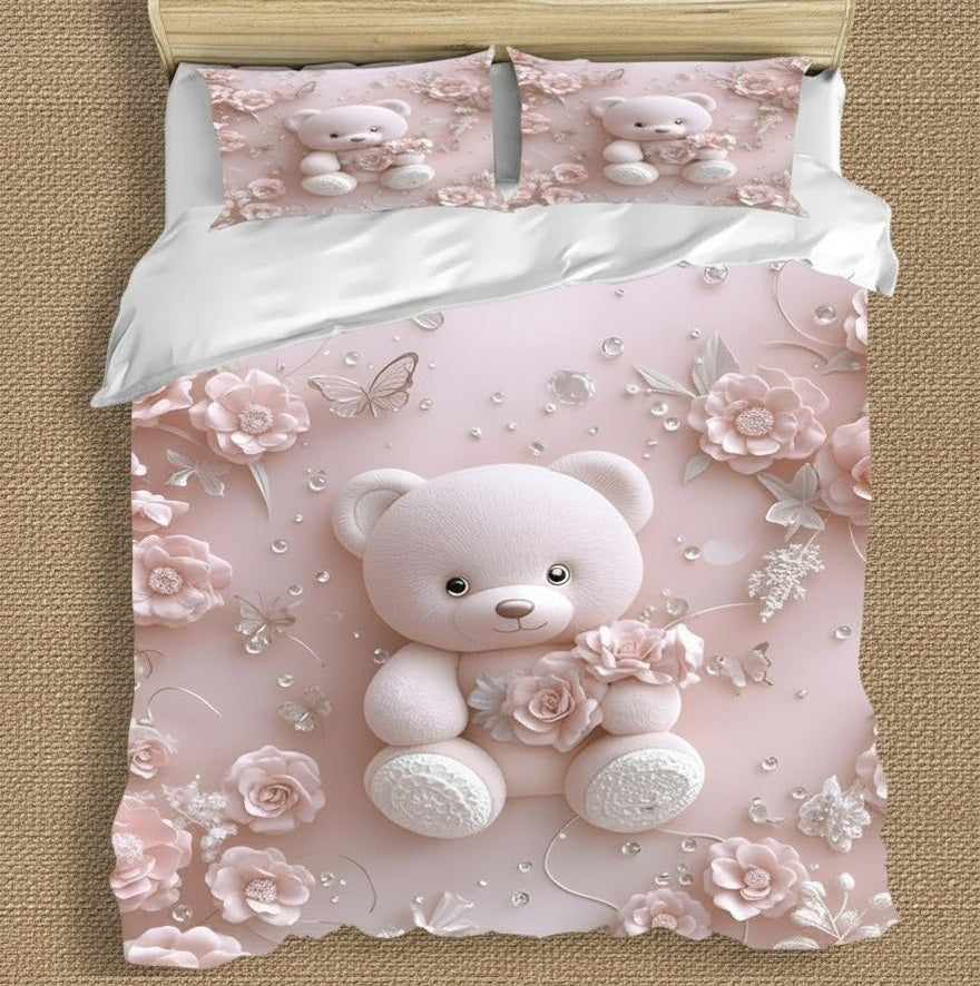 Pink Petal Teddy Bedsheet Set